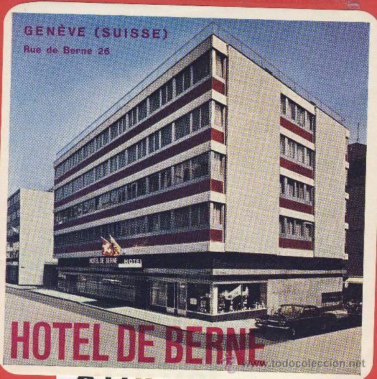 Etiquetas antiguas: ETIQUETA HOTEL-SUIZA -HOTEL DE BERNE - ILUSTRACION HUECO DAT ADA-GENEVE- -113X112 mm