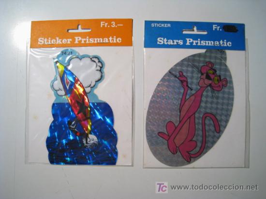 Etiquetas antiguas: LOTE 2 ETIQUETAS PRISMATICAS PANTERA ROSA + SURFISTA