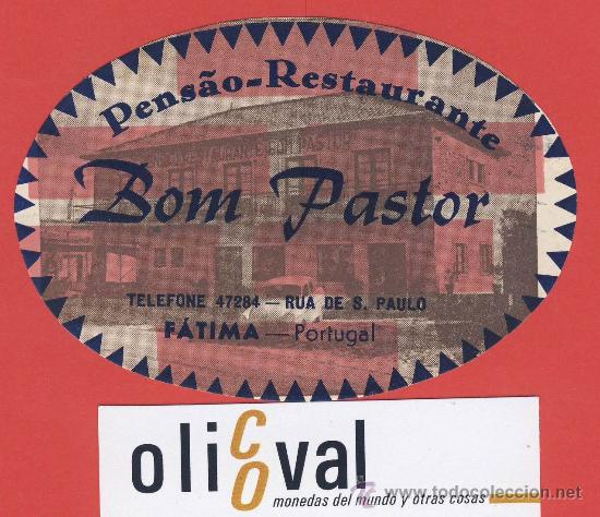 Etiquetas antiguas: Etiqueta HOTEL - PORTUGAL-PENS&Aacute;O BAM PASTOT-ROJA-FATIMA-ILUSTRACION -DATADA- 100 mm