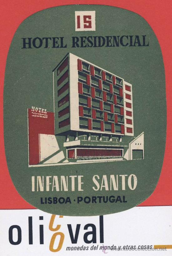 Etiquetas antiguas: ETIQUETA HOTEL -PORTUGAL-HOTEL INFANTE SANTO-LISBOA- -OVAL 95 mm -ILUSTRACION