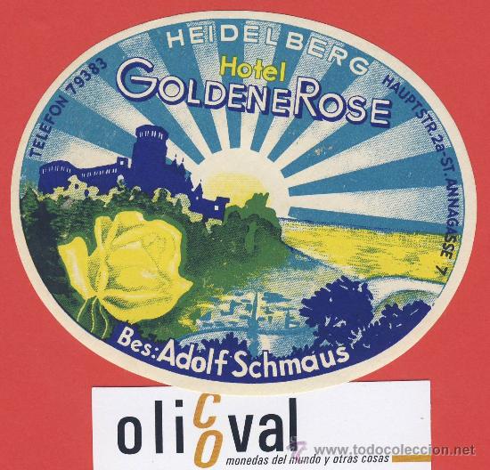 Etiquetas antiguas: ETIQUETA HOTEL -ALEMANIA - HOTEL GOLDENE ROSE -HEIDELBERG -ILUSTRACION DATADA-OVAL110 mm ---