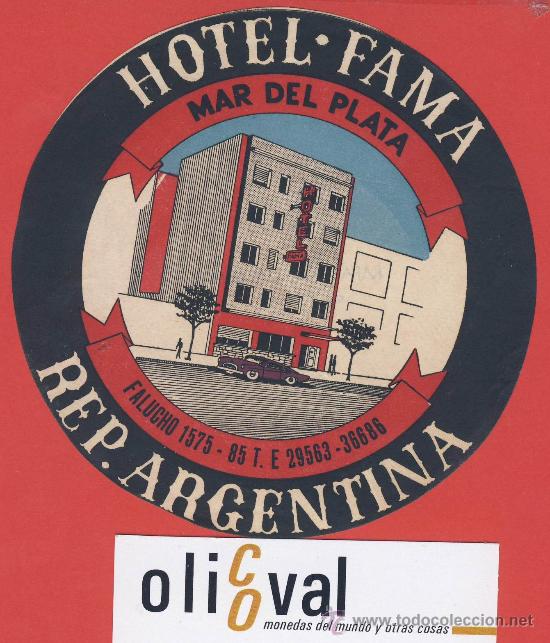 Etiquetas antiguas: ETIQUETA  HOTEL -ARGENTINA-HOTEL FAMA-MAR DEL PLATA--ILUSTRACION DATADA -HUECO-110 mm-