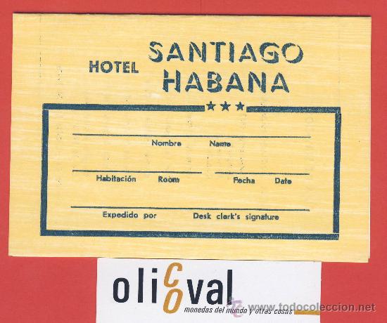 Etiquetas antiguas: ETIQUETA  HOTEL -CUBA -  HOTEL SANTIAGO HABANA  - TARJETA RECEPCION - 125 X 85mm