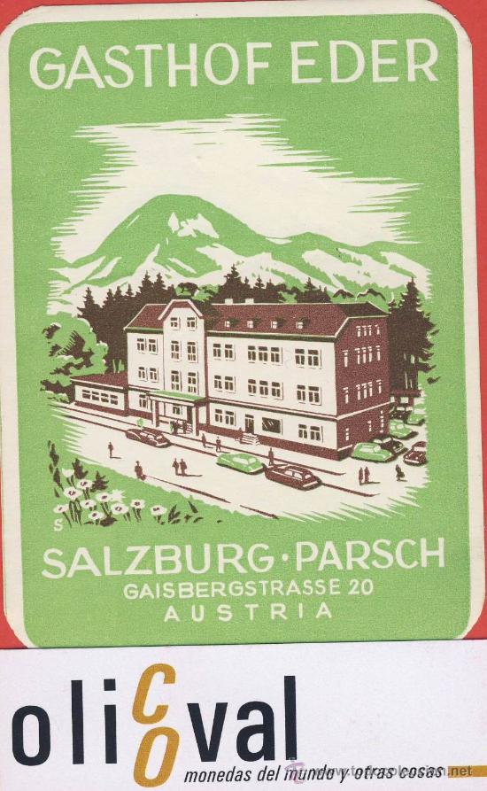 Etiquetas antiguas: ETIQUETA  HOTEL -AUSTRIA-   GASTOTHOF EDER-SALZBURG   - ILUSTRACION -HUECO-80 X 105 mm
