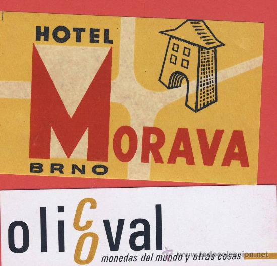 Etiquetas antiguas: ETIQUETA HOTEL -CHESCOLOVAQUIA- REPUBLICA CHECA-HOTEL MORAVA-BRNO-HUECO-76X 46mm