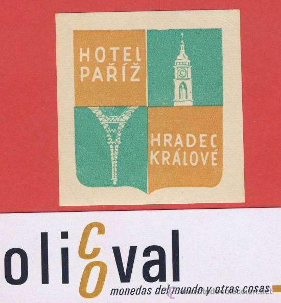 Etiquetas antiguas: ETIQUETA HOTEL -CHESCOLOVAQUIA- REPUBLICA CHECA-HOTEL PARIZ -HRADEC-KRALOVE-HUECO-48X48 mm