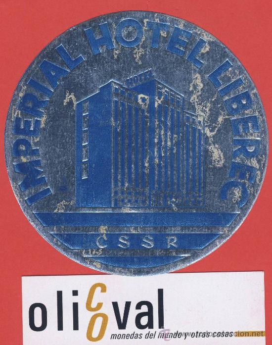 Etiquetas antiguas: ETIQUETA HOTEL -CHESCOLOVAQUIA- REPUBLICA CHECA-HOTEL IIMPERERIAL-AZUL-LIBEREC-TERMO-92- 80 mm