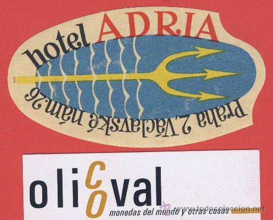 Etiquetas antiguas: ETIQUETA HOTEL -CHESCOLOVAQUIA- REPUBLICA CHECA-HOTEL ADRIA- PRAHA 2-HUECO TROQUEL-90 mm
