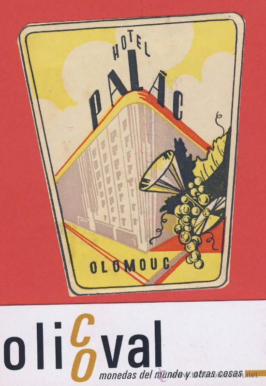 Etiquetas antiguas: ETIQUETA  HOTEL -CHESCOLOVAQUIA-REPUBLICA CHECA-HOTEL PAL&Aacute;C-OLOMOUC -ILUSTRACION TROQUEL-69X80 mm