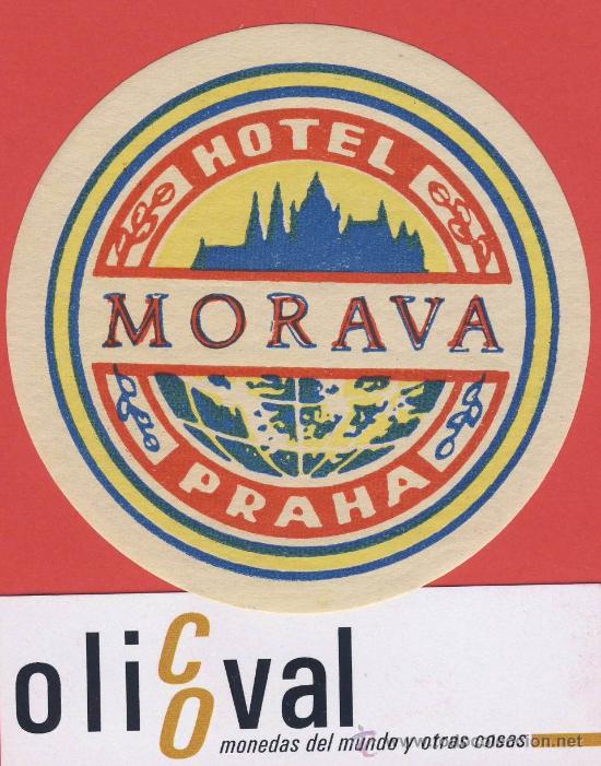Etiquetas antiguas: ETIQUETA  HOTEL -CHESCOLOVAQUIA-REPUBLICA CHECA-HOTEL  MORAVA-PRAHA - ILUSTRACION-80  mm