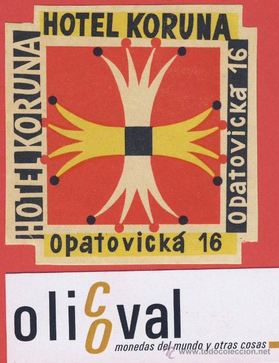 Etiquetas antiguas: ETIQUETA HOTEL -CHESCOLOVAQUIA-REPUBLICA CHECA -HOTEL KORUNA-PRAHA -ILUSTRACION-85 mm