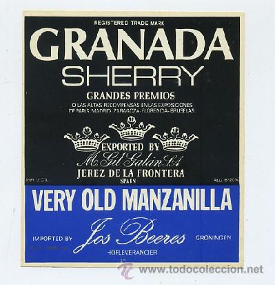 Etiquetas antiguas: ETIQUETA VINO GRANADA SHERRY.M. GIL GALAN S.A. JEREZ- VERY OLD MANZANILLA  (ET-239,9)
