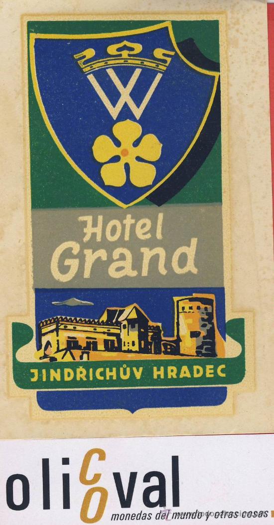 Etiquetas antiguas: Etiqueta Hotel-CHESCOLOVAQUIA-REPUBLICA CHECA -HOTEL GRAND-JINDRICH&Uacute;V HRADEC---75X120 mm