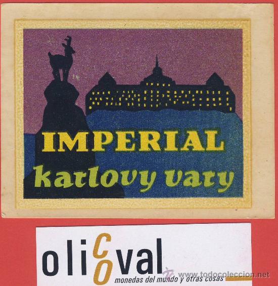 Etiquetas antiguas: Etiqueta Hotel -CHESCOLOVAQUIA-REPUBLICA CHECA-HOTEL IMPERIAL-KARLOVY VATY-   ILUSTRACION-105X 83 m
