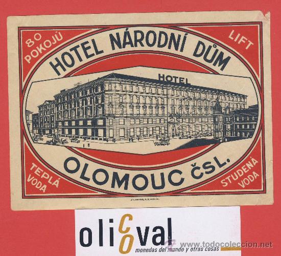 Etiquetas antiguas: Etiqueta Hotel -CHESCOLOVAQUIA-REPUBLICA CHECA-HOTEL N&Aacute;RODNI DUN-OLOMOUUC.DATADA,A&Ntilde;OS 40-130X 98 m m