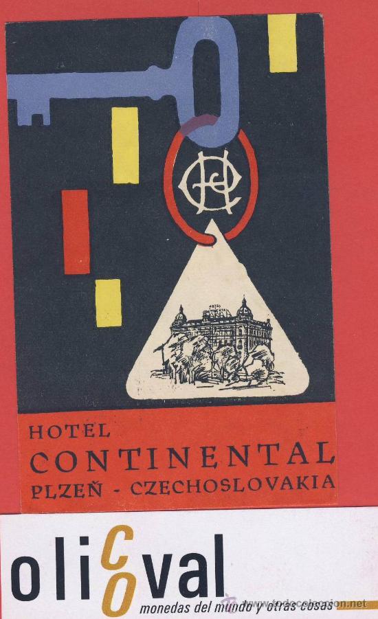 Etiquetas antiguas: Etiqueta Hotel -CHESCOLOVAQUIA-REPUBLICA CHECA-HOTEL  CONTINENTAL -PLZE&Ntilde;- ILUSTRACION 76 X 115 mm
