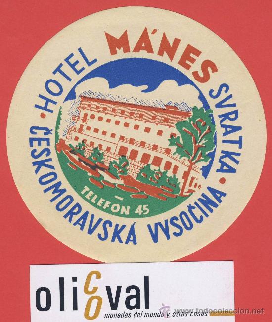 Etiquetas antiguas: Etiqueta Hotel -CHESCOLOVAQUIA-REPUBLICA CHECA-HOTEL MA&acute;NES-DATADA- ILUSTRACION 105 mm