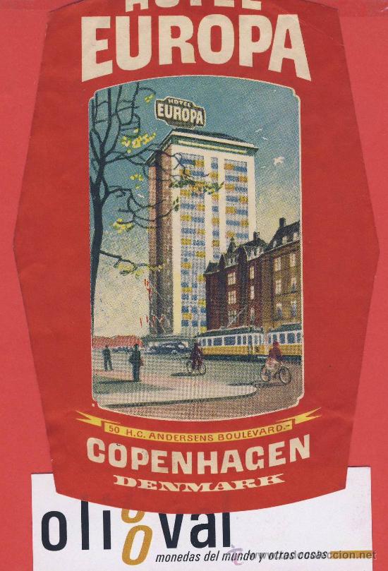 Etiquetas antiguas: Etiqueta Hotel -DINAMARCA-HOTEL  EUROPA -COPENHAGEN-HUECO -ILUSTRACION TRANVIA- DATADA 130  mm