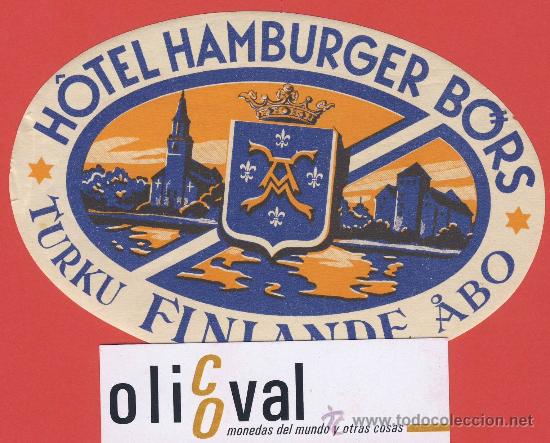Etiquetas antiguas: ETIQUETA HOTEL  - FINLANDIA-HOTEL HAMBURGES BORS -TURCO-ABO-ILUSTRACION-OVAL- 125 mm