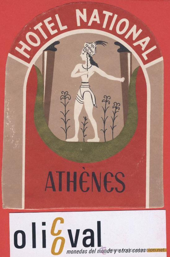 Etiquetas antiguas: ETIQUETA HOTEL  - GRECIA-HOTEL NATIONAL-ATH&Eacute;NES-ILUSTRACION- HUECO-128X84mm