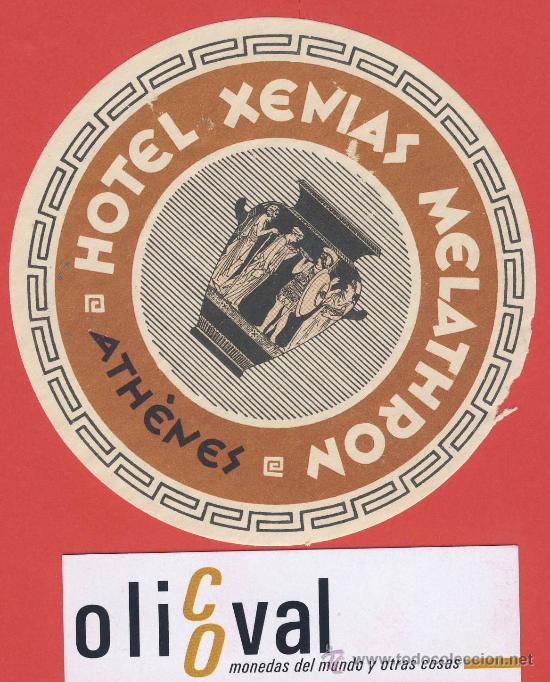 Etiquetas antiguas: ETIQUETA HOTEL  - GRECIA-HOTEL XENIAS MELATHRON -ATH&Eacute;NES-ILUSTRACION- HUECO-DATADA-DEFECTO 95 mm