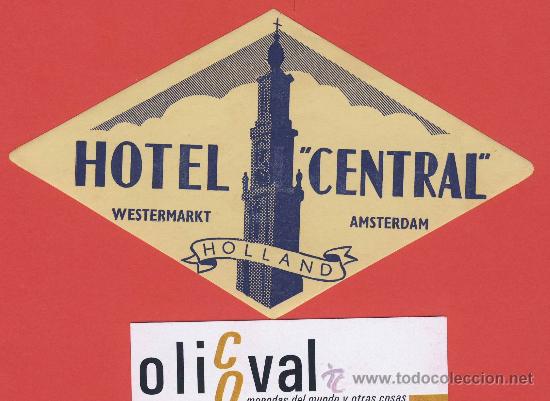 Etiquetas antiguas: ETIQUETA HOTEL  -HOLANDA-HOTEL  CENTRAL - AMSTERDAM- HUECO-TROQUEL -A&Ntilde;OS 40-95 mm