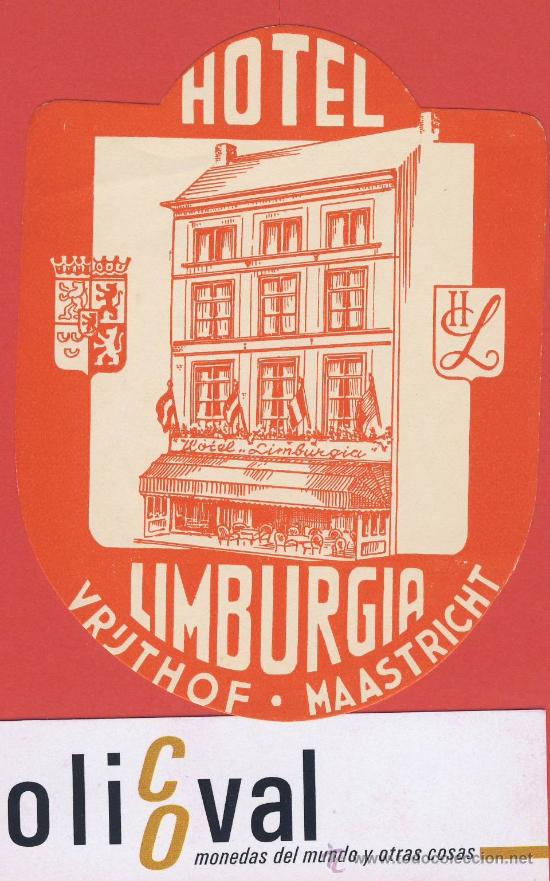 Etiquetas antiguas: ETIQUETA HOTEL  -HOLANDA-HOTEL limburgia -MAASTRICHT -HUECO- ILUSTRACION TROQUEL105 mm