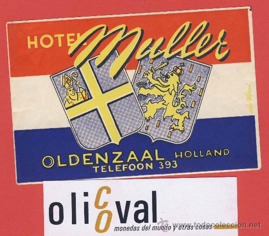 Etiquetas antiguas: ETIQUETA HOTEL  -HOLANDA-HOTE MULLER  OLDENZAAL  -HUECO- ILUSTRACION  DATADA 120105X 70 mm
