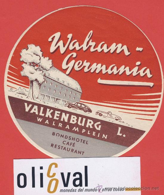 Etiquetas antiguas: ETIQUETA HOTEL - HOLANDA-  HOTEL WALRAM-GERMAN-VALRAMPLEIN-ILUSTRACION  HUECO   -100 mm