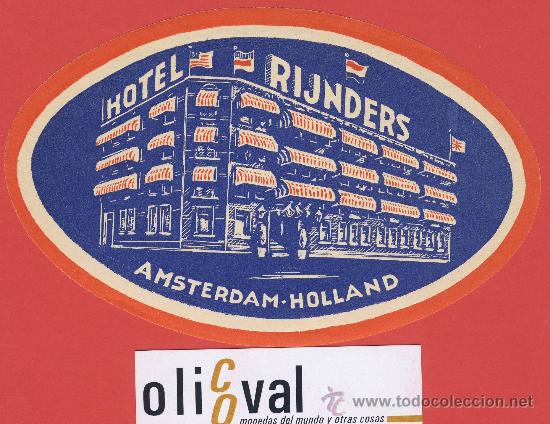 Etiquetas antiguas: ETIQUETA HOTEL - HOLANDA- HOTEL RIJNDERS-AMSTERDAM-ILUSTRACION HUECO- OVAL 155 mm