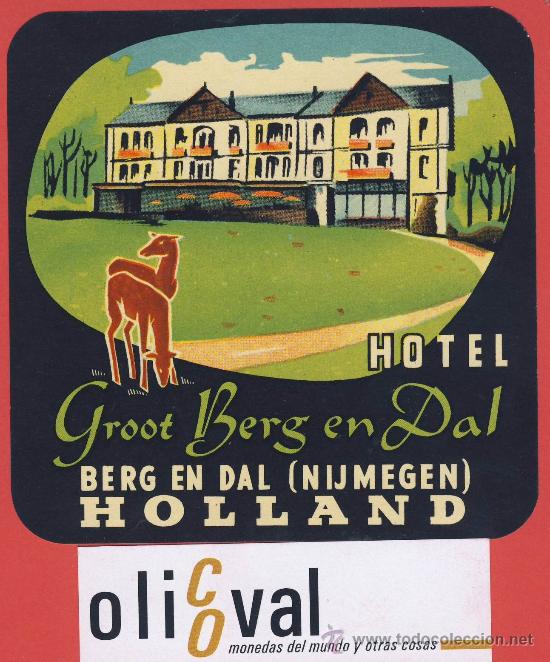 Etiquetas antiguas: ETIQUETA HOTEL - HOLANDA-  HOTEL GOOT BERG EN DAL-BERG ENDAL-ILUSTRACION  HUECO-BARNIZ -108X108 mm