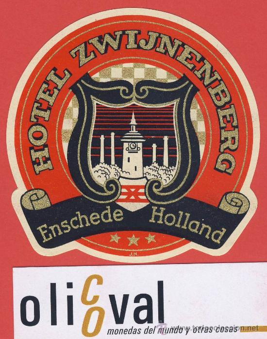 Etiquetas antiguas: ETIQUETA HOTEL - HOLANDA-  HOTEL ZWIJNENBERG-ENSCHEDE-ILUSTRACION ORO  HUECO-BARNIZ -TROQUEL 82 mm