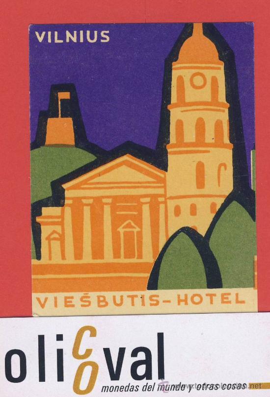 Etiquetas antiguas: Etiqueta Hotel   - LITUANIA- VISBUTIS  HOTEL   - VILNIUS -ILUSTRACION BARNIZ- 62X81    mm