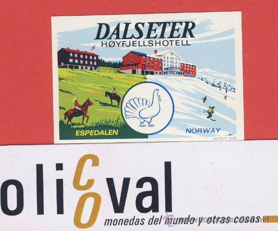 Etiquetas antiguas: Etiqueta Hotel   - NORUEGA-DALSETER  HOTEL-ESPEDALEN -ILUSTRACION DATADA-FIRMADA -50X35mm
