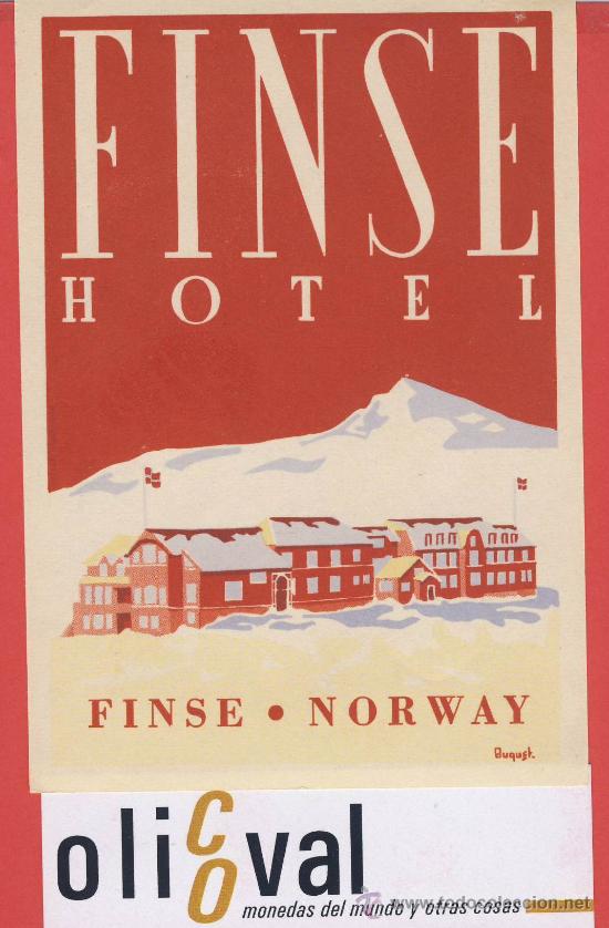Etiquetas antiguas: Etiqueta Hotel   - NORUEGA-FINSE  HOTEL-FINSE -ILUSTRACION -FIRMADA -85X120mm
