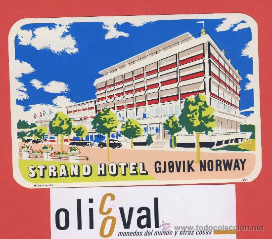 Etiquetas antiguas: Etiqueta Hotel   - NORUEGA-STRAND  HOTEL-GJOVIK  -ILUSTRACION-DATADA -FIRMADA -110X75mm