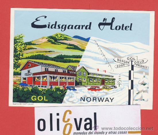 Etiquetas antiguas: Etiqueta Hotel   - NORUEGA-EIDSGAARD   HOTEL-GOL   -ILUSTRACION-DATADA - -110X75mm