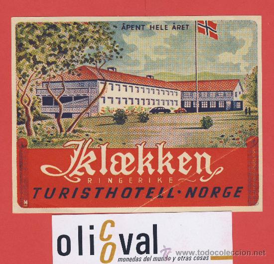 Etiquetas antiguas: Etiqueta Hotel   - NORUEGA-HOTEL JKLEEKKEN -RINGERIKE- -ILUSTRACION HUECO  A&Ntilde;OS 50- 115 X 90 mm