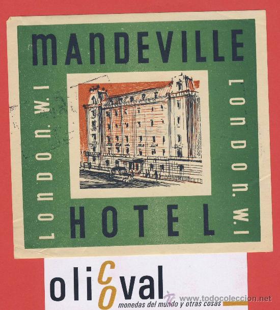 Etiquetas antiguas: Etiqueta Hotel - INGLATERRA-  MANDEVILLE HOTEL -LONDON-ILUSTRACION-COCHE-HUECO -108X 108 mm