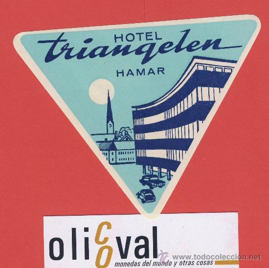 Etiquetas antiguas: Etiqueta Hotel - NORUEGA  HOTEL TRIANGELEN- HAMAR.-ILUSTRACION-HUECO- TROQUEL-83 mm