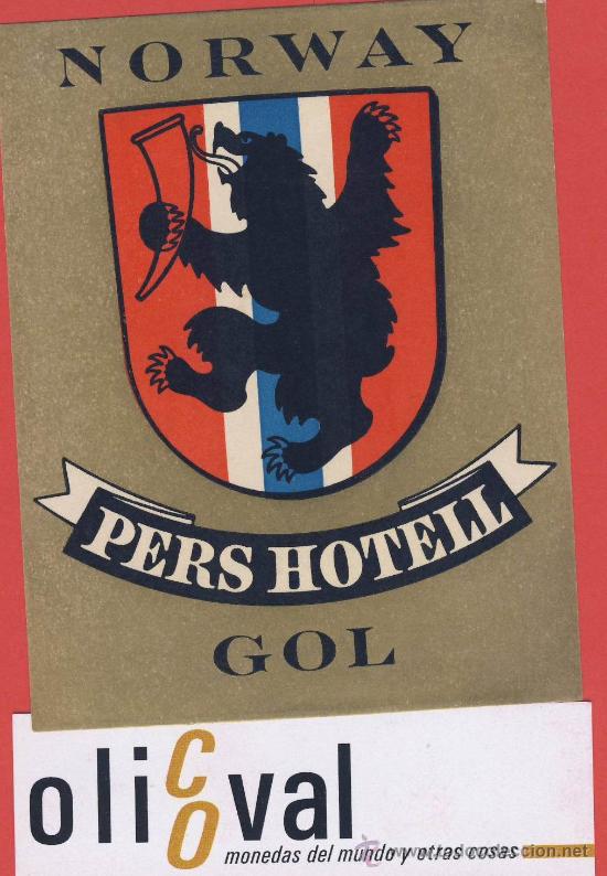 Etiquetas antiguas: Etiqueta Hotel - NORUEGA -PRES  HOTEL - GOL.-ILUSTRACION ORO-HUECO- 80 X101 mm