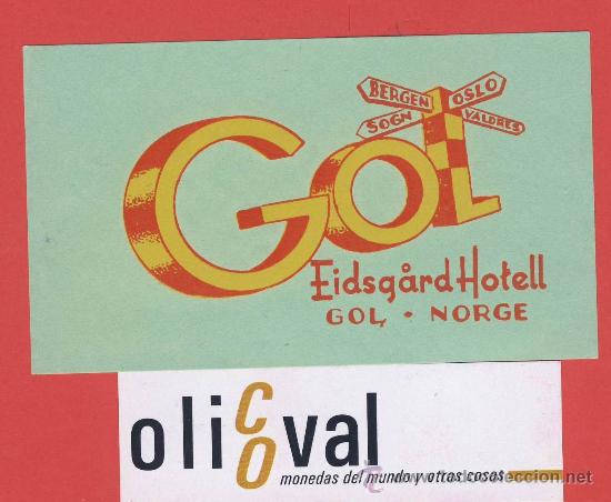 Etiquetas antiguas: Etiqueta Hotel - NORUEGA -EIDSGARD HOTEL - GOL.-ILUSTRACION ORO-HUECO- 110 X 60 mm