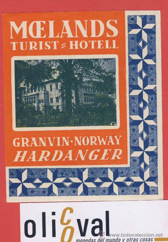 Etiquetas antiguas: Etiqueta Hotel - NORUEGA -MOELANDS  HOTEL - GRANVIN.-ILUSTRACION FOTOGRAFICA-HUECO- 88 X 102 mm