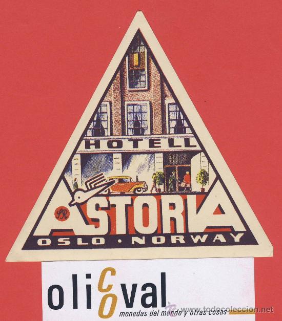 Etiquetas antiguas: Etiqueta Hotel - NORUEGA -  HOTEL ASTORIA -OSLO .-ILUSTRACION  COCHE -FIRMADA- -HUECO- 112  mm