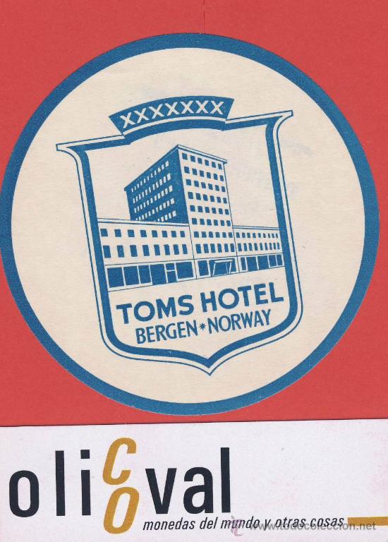 Etiquetas antiguas: Etiqueta Hotel - NORUEGA - TOMS  HOTEL -BERGEN.-ILUSTRACION   -HUECO- 80  mm