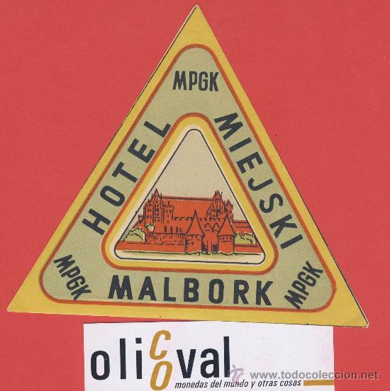 Etiquetas antiguas: Etiqueta Hotel -POLONIA - HOTE MIEJSKI- MALBORK   -ILUSTRACION HUECO -A&Ntilde;OS 50- 120   mm