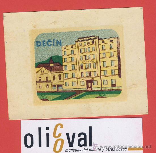 Etiquetas antiguas: ETIQUETA  HOTEL -POLONIA -HOTEL DECIN --ILUSTRACION  -- PRAGA 1962- 65 X 73 mm