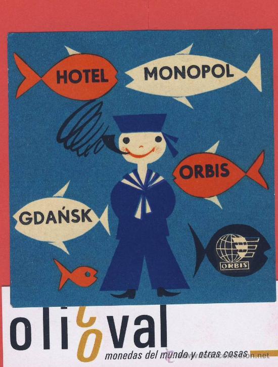 Etiquetas antiguas: ETIQUETA  HOTEL -POLONIA -  HOTEL  MONOPOL  -GDA&Ntilde;SK-ORBIS-ILUSTRACION -80 X 80  mm