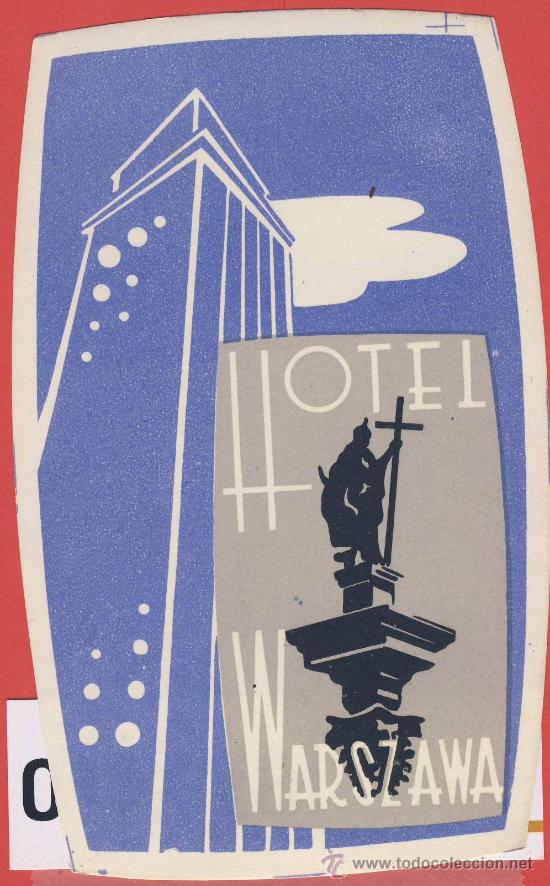 Etiquetas antiguas: ETIQUETA HOTEL- POLONIA - HOTEL WARSZAWA - ILUSTRACION NEGRA-CELESTE -HUECO-135X 82   mm