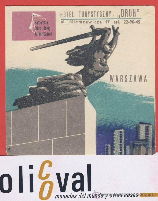 Etiquetas antiguas: ETIQUETA HOTEL- POLONIA - HOTEL DRUH -WARSZAWA- ILUSTRACION -HUECO- DATADA 135X 82   mm